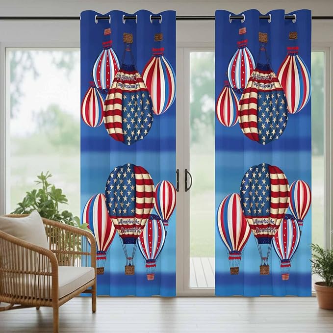 Independence Day Waterproof Outdoor Curtains for Patio, Windproof Weatherproof Curtains with Weighted Hem, Hot Air Balloon Patriotic Star Light Filtering Privacy Drapes for Porch 54"x 95"