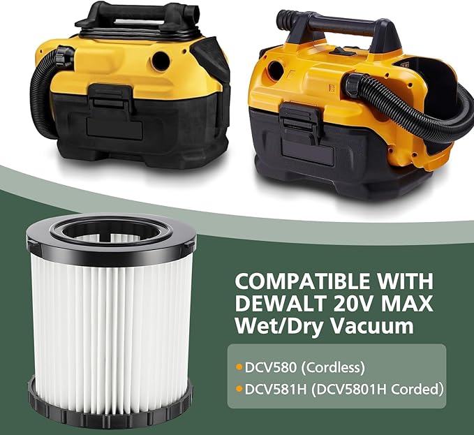 DCV581H DCV580H Vacuum Replacement Filter for DEWALT 20V MAX Wet/Dry VAC DCV580H (Cordless) DCV581H DCV5801H Portable Shop Vac Vacuum 2 Gallon Tank Capacity, Washable and Reusable Hepa Filter, 3 Pack