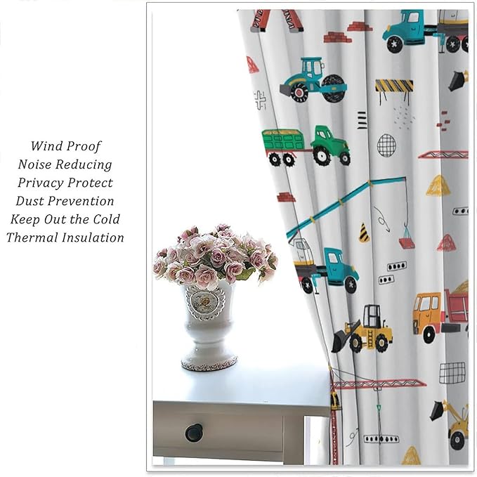 Construction Window Curtains, Kids Cartoon Construction Machines Building Hand Drawn Doodle Rod Pocket Decorative Windows Curtain for Children Teens Room Decor 42x45in (30% Blackout)