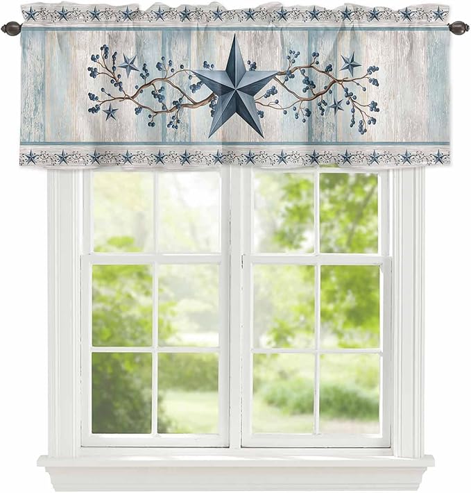 Blue Texas Star Valances for Windows, Vintage Star Berry Blue Beige Wood Grain Kitchen Valance Light Filtering Rod Pocket Short Curtains for Kitchen Bathroom, 1 Panel, 42"x12"