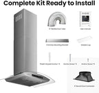 30" Wall Mount Range Hood Tempered Glass 900 CFM, Kitchen Chimney Vent Stainless Steel, with Gesture Sensing and Touch Control Switch Panel, 3-Speed Exhaust Fan Permanent Filter
