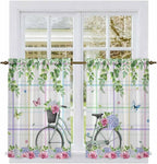 Spring Kitchen Curtains, Bicycles Botanical Leaves Rose Colorful Stripes Light Filtering Window Curtain Panels, 2Pcs Rod Pocket Window Treatments Set for Cabin Bathroom Bedroom 52x45 Inches