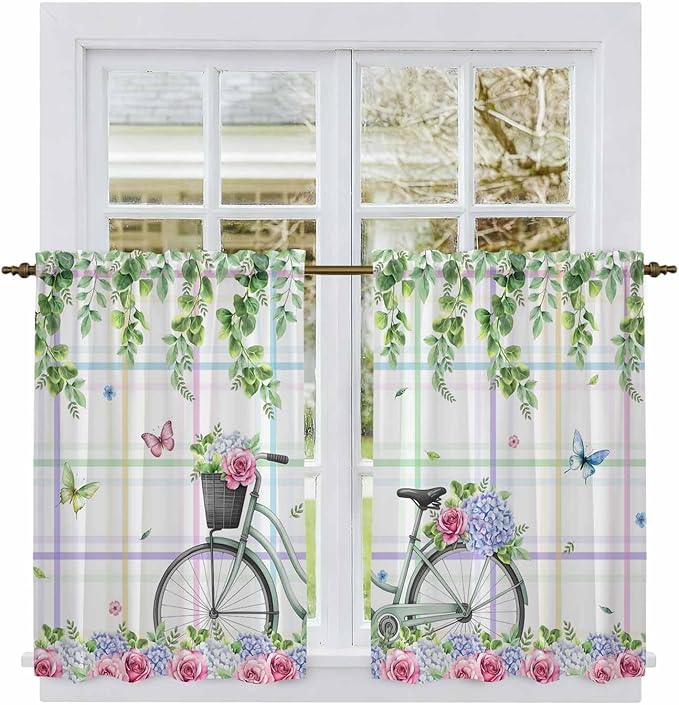 Spring Tier Curtains, Bicycles Botanical Leaves Rose Colorful Stripes Light Filtering Kitchen Curtains, 2Pcs Rod Pocket Half Window Treatments Panels for Sink Cafe Cabinet Basement 27.5x45 Inches