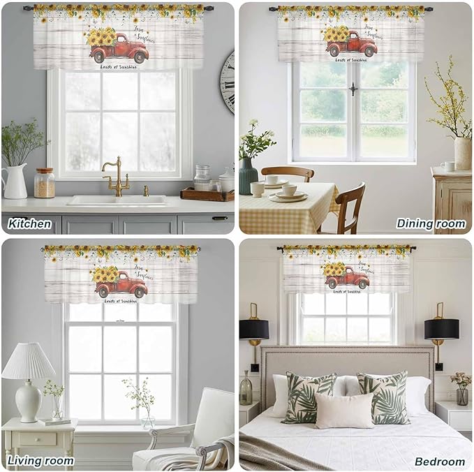 Farmhouses Sunflowers Sheer Valance Curtains, Retro Floral Leaves Red Truck Wood Grain Light Filtering Kitchen Valances Rod Pocket Voile Curtain Treatment for Bedroom/Living Room/Basement 42Wx18L