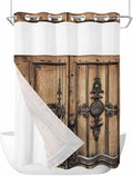 Wood Barn Door No Hook Shower Curtain with Snap in Liner Set, Waterproof Shower Curtains for Bathroom, Wooden Plank Fabric Shower Curtain, See Through Mesh Top Window, 60" W x 72" L