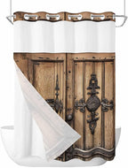 Wood Barn Door No Hook Shower Curtain with Snap in Liner Set, Waterproof Shower Curtains for Bathroom, Wooden Plank Fabric Shower Curtain, See Through Mesh Top Window, 60" W x 72" L