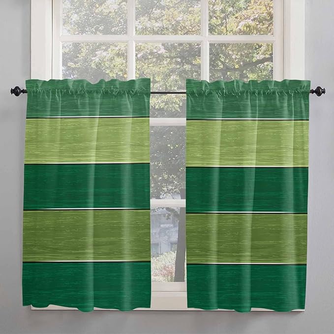 Farm Retro Green Wood Grain Window Valance Curtains, Rustic Wooden Plank Texture Light Filtering Kitchen Valance with 3-inch Rod Pocket for Living Room Bathroom Bedroom,2 Panel,42x54In