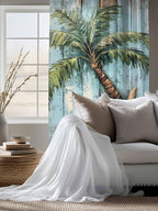 Sheer Curtains 72 Inches Long, Coastal Blue Green Tree Semi Sheer Curtains Light Filtering Window Treatment, Beach Tropical Vintage Wood Grain Privacy Voile Drapes for Living Room Bedroom 52x72 Inch