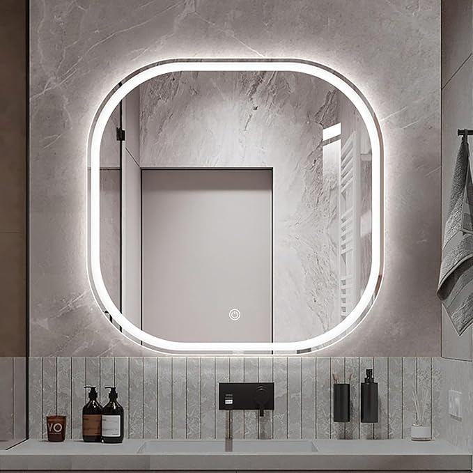 JSLJDM 500X500 mm Illuminated Backlit LED Bathroom Mirror, Wall Mounted Multifunction Bathroom Vanity Mirror with Lights and Demister Pad, Energy-Saving Illuminated Smart Mirror 80cm tricolorlight