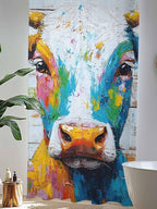 Sheer Curtains 96 Inches Long, Funny Colorful Cow Semi Sheer Curtains Light Filtering Window Treatment, Retro Rustic Oil Painting Wood Grain Privacy Voile Drapes for Living Room Bedroom 52x96 Inch