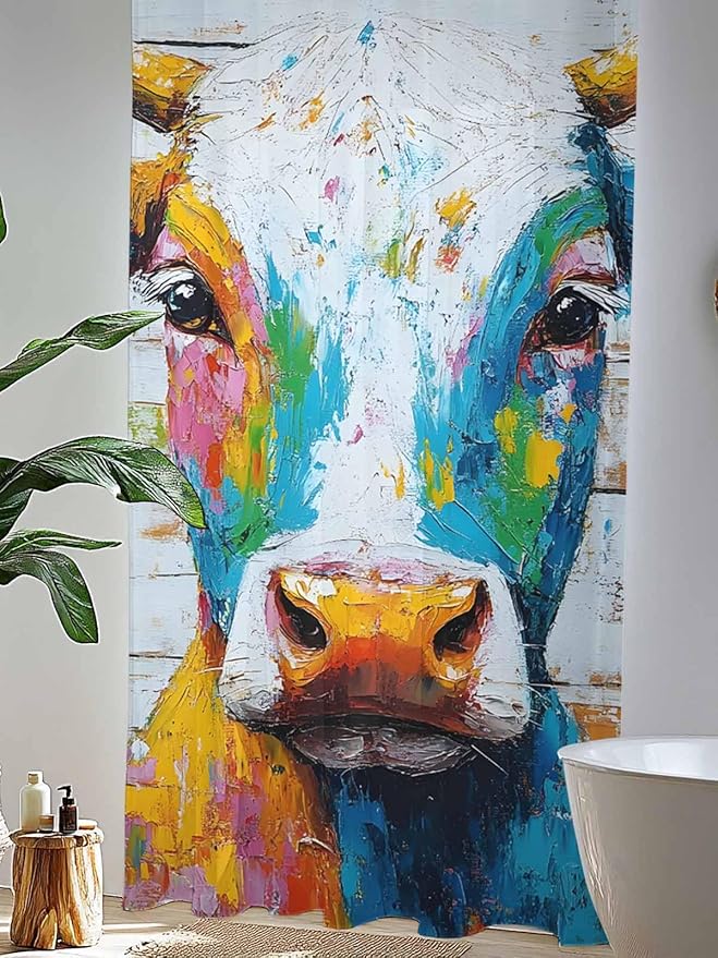 Sheer Curtains 96 Inches Long, Funny Colorful Cow Semi Sheer Curtains Light Filtering Window Treatment, Retro Rustic Oil Painting Wood Grain Privacy Voile Drapes for Living Room Bedroom 52x96 Inch