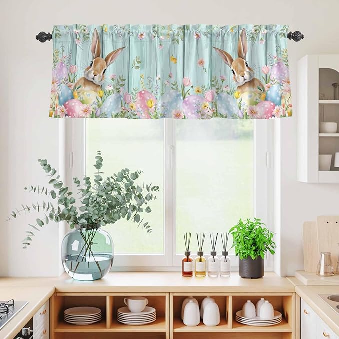 Kitchen Curtains Tiers and Valance Set of 3, Easter Light Filtering Window Curtain Set, Spring Rabbit Eggs Flowers Leaf Green Wooden Plank Rod Pocket Curtain Drapes for Living Room, 36 Inches Tiers