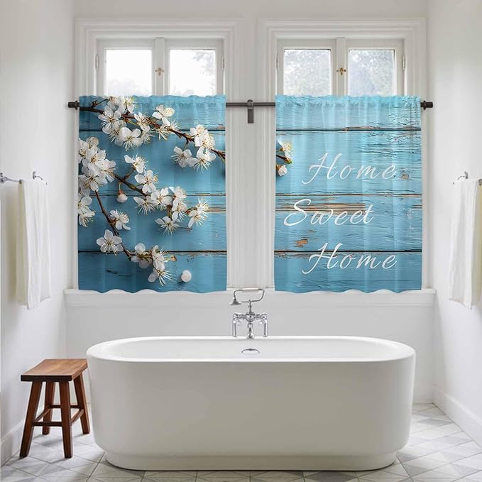 Farmhouse Wooden Grain Tier Curtains, Vintage Shabby Chic Flower Blue Light Filtering Kitchen Curtains, 2Pcs Rod Pocket Half Window Treatments Panels for Sink Cafe Cabinet Basement 27.5x45 Inches