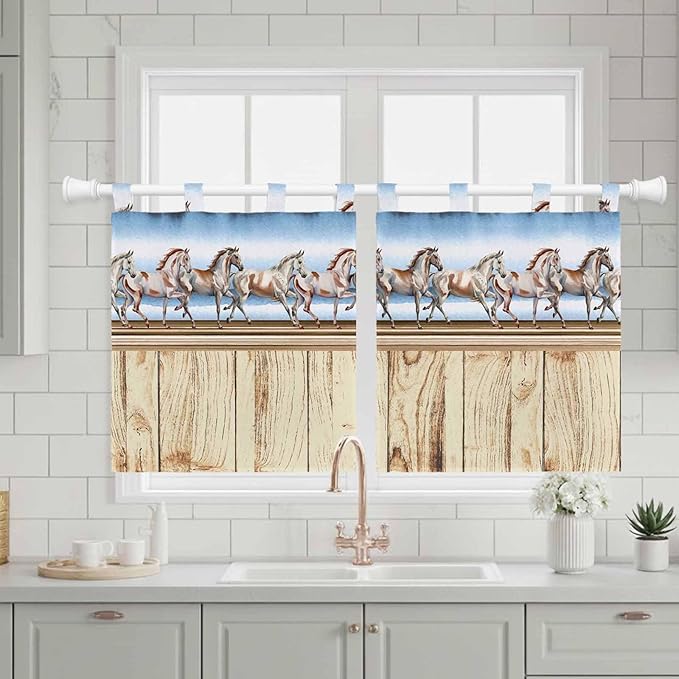 Western Horse Kitchen Curtains 24 Inch Length, Small Window Curtains Tab Top, Farmhouse Wooden Grain Vintage Cowboy Barn Door Light Filtering Short Window Treatments Tier Drapes 27.5"x24" 2 Panel