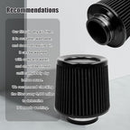 RYANSTAR 76mm 3" High Flow Round Tapered Cone Cool Air Filter Cleaner with Top Filter Design Short 163mm tall Black