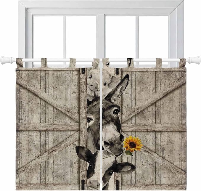 Funny Farm Animals Kitchen Curtains 45 Inch Length, Short Cafe Window Curtains Tab Top, Vintage Barn Brown Sunflowers Light Filtering Window Treatments Tier Drapes 27.5"x45" 2 Panel