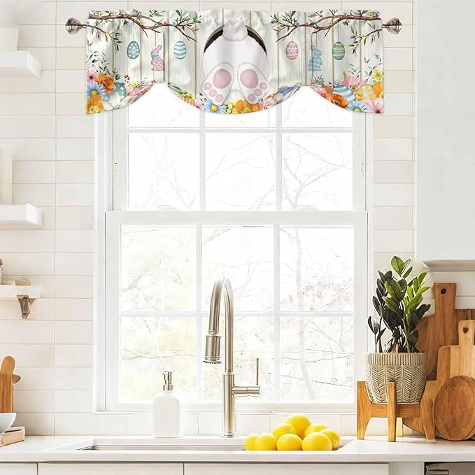 Easter Tie Up Valance Curtains for Windows, Kitchen Curtains Window Shades, Spring Farmhouse Watercolor Bunny Eggs Wood Grain Light Filtering Roman Curtain Valances for Bedroom/Bathroom/Cafe 42"x12"