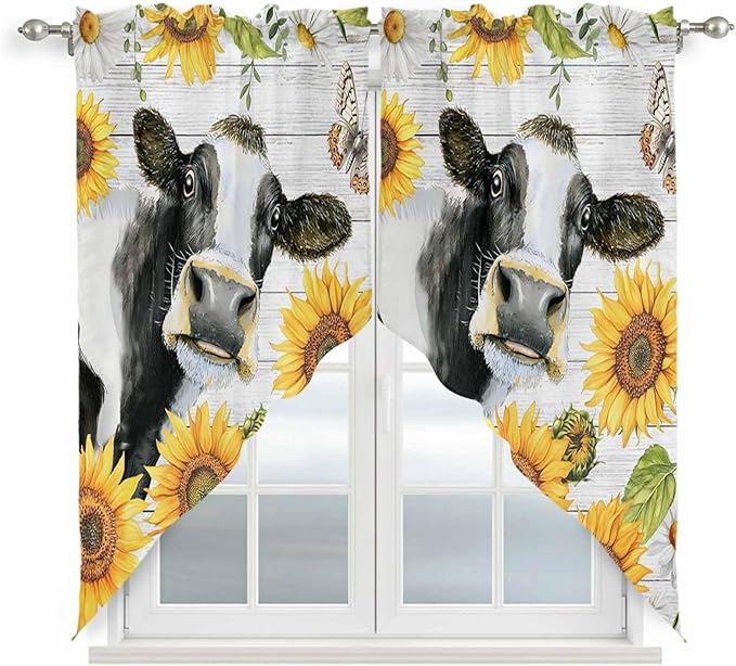 Retro Farmhouse Floral Swag Valances for Windows, Yellow Sunflowers Cows Butterfly Wood Rod Pocket Kitchen Curtains Valance, Kitchen Window Curtains Swag for Cafe Living Room, 2 Panels, 36x63 inch