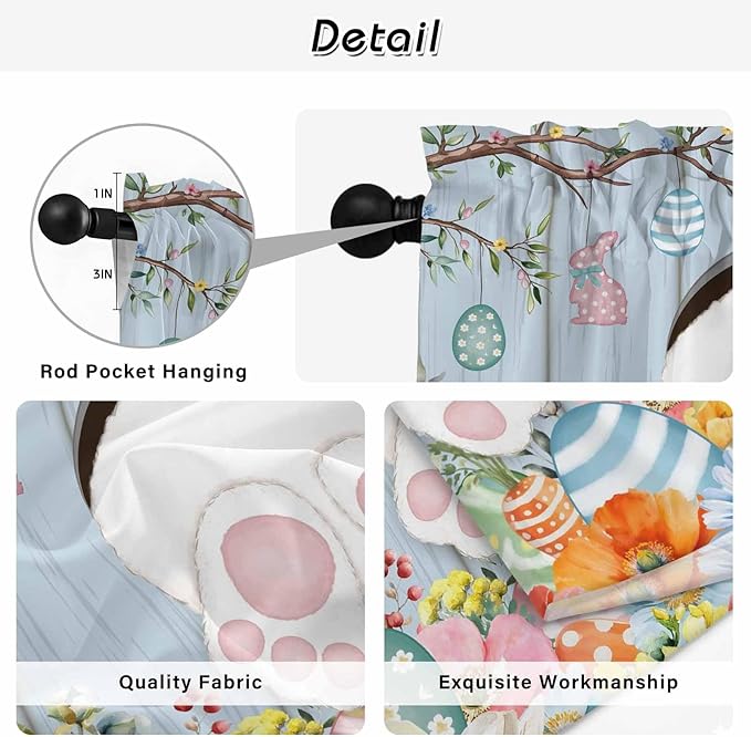Easter Kitchen Tier Curtains 24 Inch Long 2 Panel Set,Rod Pocket Cafe Small Window Curtains Over Sink,Spring Watercolor Bunny Eggs Flower Wood Grain Blue Light Filtering Short Drapes 27.5"W x 24"L
