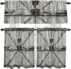 Kitchen Curtains Tiers and Valance Set of 3, Vintage Gate Light Filtering Window Curtain Set, Farmhouse Wooden Grain Shabby Chic Door Rod Pocket Curtain Drapes for Cafe, Living Room, 36 Inches Tiers