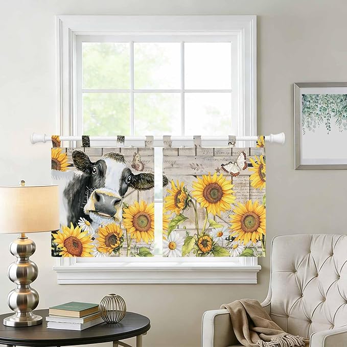 Yellow Sunflowers Kitchen Curtains 36 Inch Length, Small Window Curtains Tab Top, Farmhouse Cow Barn Doors Floral Butterfly Light Filtering Short Window Treatments Tier Drapes 27.5"x36" 2 Panel