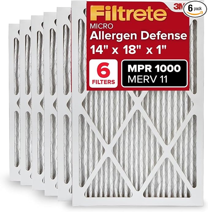 Filtrete 14x18x1 AC Furnace Air Filter, MERV 11, MPR 1000, Micro Allergen Defense, 3-Month Pleated 1-Inch Electrostatic Air Cleaning Filter, 6 Pack (Actual Size 13.81 x 17.81 x 0.81 in)