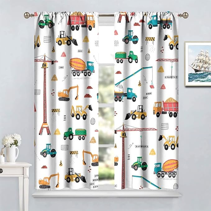 Construction Window Curtains, Kids Cartoon Construction Machines Building Hand Drawn Doodle Rod Pocket Decorative Windows Curtain for Children Teens Room Decor 84x84in (30% Blackout)