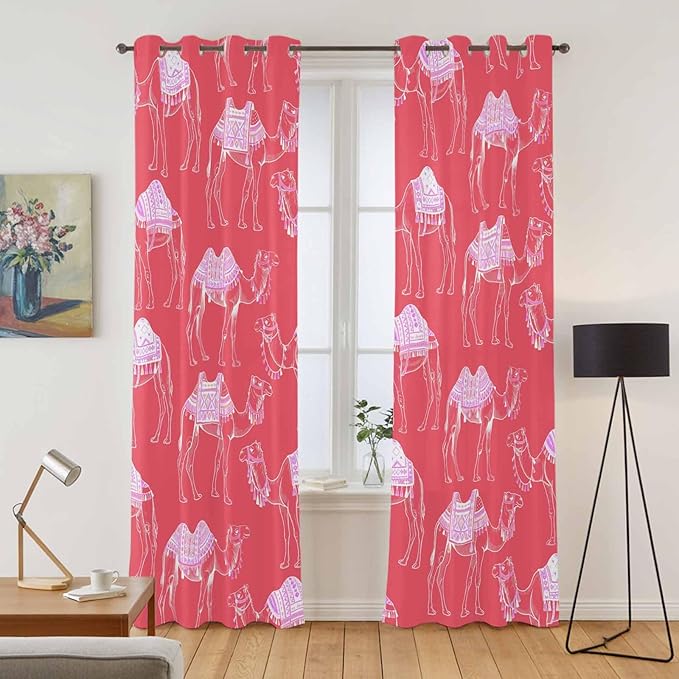 2 Panel Kitchen Cafe Curtains, Desert Camel Sunlight Filtering Nature Air Through, Home Decor Window Covering Tier Curtains for Living Room 104W x 90L inch Summer Sand Camel Animal Vintage Pink