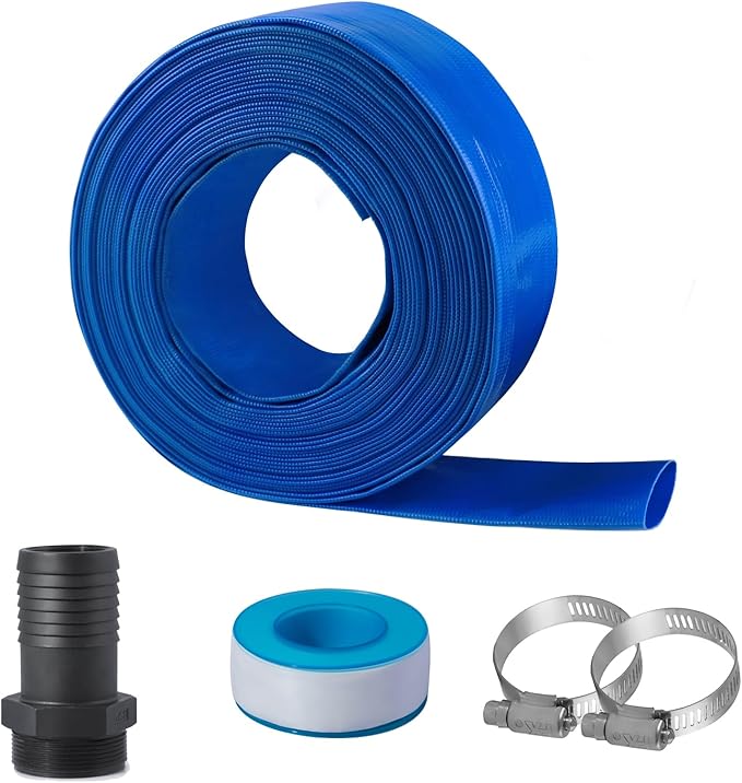 Eastrans 1 1/2 in x 50 ft Pool Backwash Hose Kit with Male NPT Adapter,Heavy Duty Discharge Pump Hose for Swimming Pool,Reinforced Pool Drain Hose with 2 Clamps and Thread Seal Tape,6 Bar