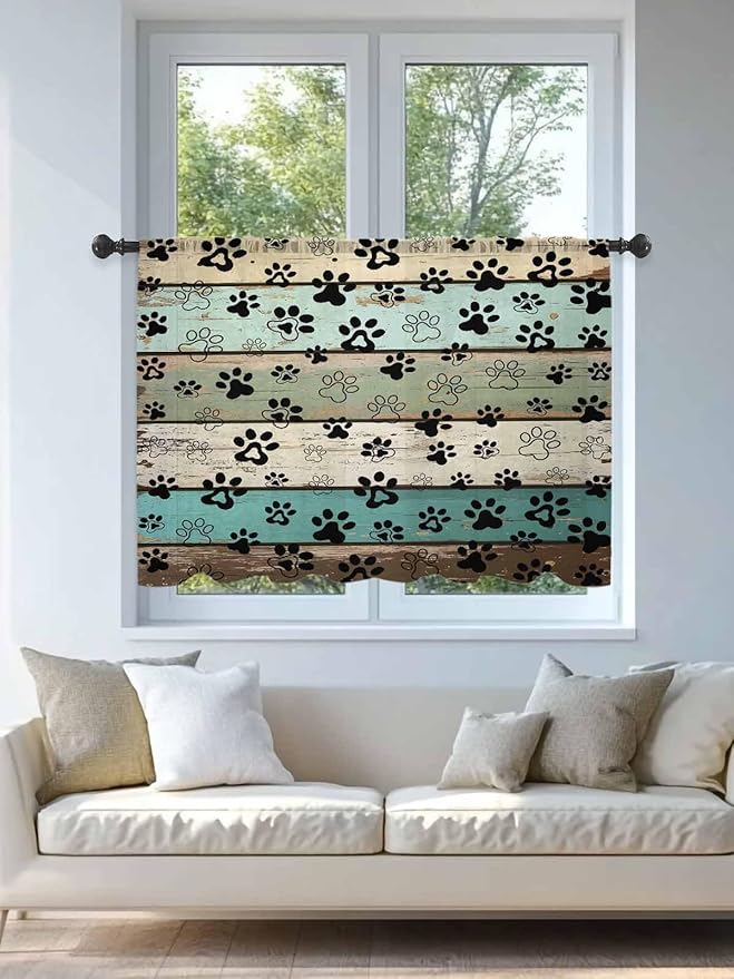 Sheer Curtains 54 Inch Length, Sage Green Brown Paw Prints Semi Sheer Curtains Light Filtering Window Treatment, Vintage Farmhouse Wooden Grain Privacy Voile Drapes for Living Room Bedroom 52x54 Inch