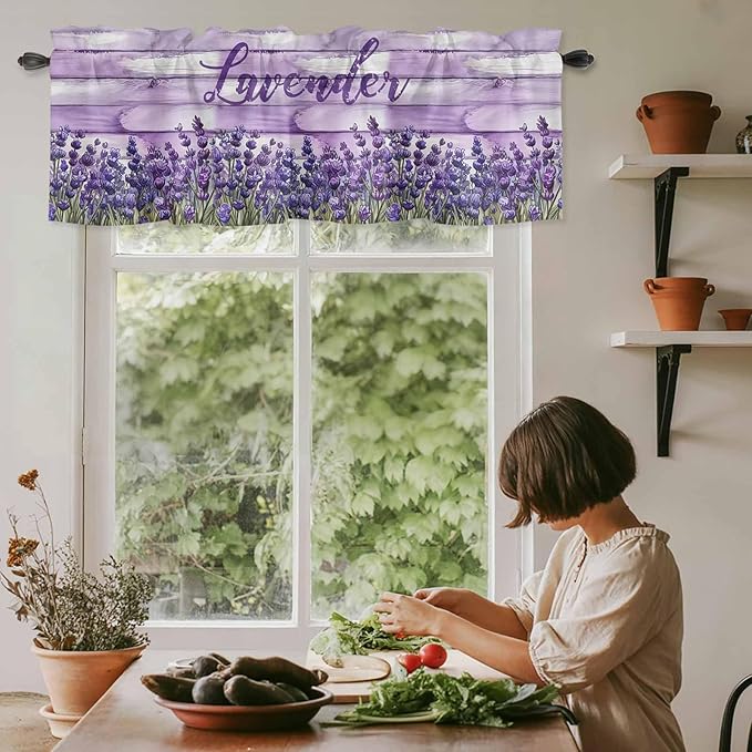 Kitchen Valances for Window, Retro Lavender on Farm Wood Grain Light Filtering Rod Pocket Valance Curtain, Watercolor Purple Flowers Short Curtains Window Topper for Bedroom Living Room 54x18in