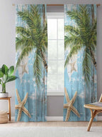 Sheer Curtains 96 Inches Long, Coastal Beach Blue Semi Sheer Curtains Light Filtering Window Treatment, Tropical Coconut Tree Vintage Wood Grain Privacy Voile Drapes for Living Room Bedroom 52x96 Inch
