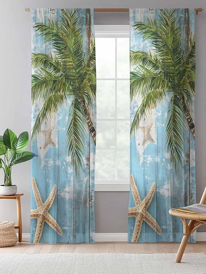 Sheer Curtains 96 Inches Long, Coastal Beach Blue Semi Sheer Curtains Light Filtering Window Treatment, Tropical Coconut Tree Vintage Wood Grain Privacy Voile Drapes for Living Room Bedroom 52x96 Inch