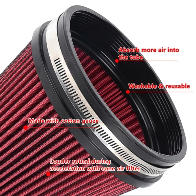 MUGE RACING 6" 152 mm High Flow Inlet Air Filter, Air Intake Cone Filter Replacement Performance Washable Clamp-On Dry, 6'' Tall(Red)