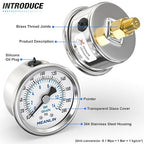 MEANLIN MEASURE 0~200Psi Dry Pressure Gauge Stainless Steel 1/8" NPT 2" FACE DIAL Waterproof for Air Compressor Air Regulator Water Filter Center Back Mount, with 1/4" NPT and 3/8" NPT Hex Bushing