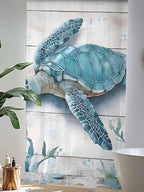Sheer Curtains 108 Inches Long, Teal Green Sea Turtle Semi Sheer Curtains Light Filtering Window Treatment, Summer Ocean Seaweed Wood Grain Privacy Voile Drapes for Living Room Bedroom 52x108 Inch