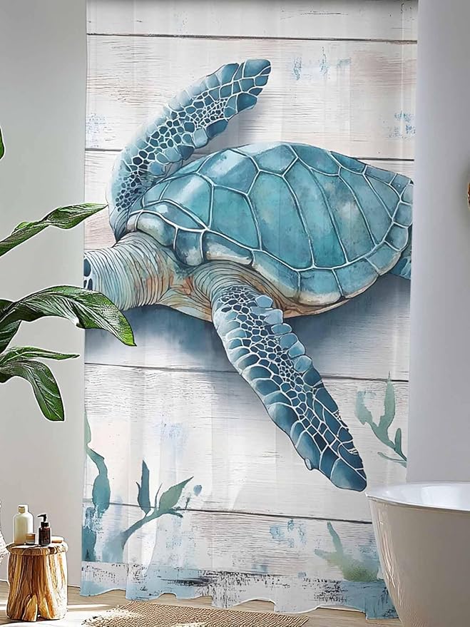 Sheer Curtains 84 Inches Long, Teal Green Sea Turtle Semi Sheer Curtains Light Filtering Window Treatment, Summer Ocean Seaweed Wood Grain Privacy Voile Drapes for Living Room Bedroom 52x84 Inch