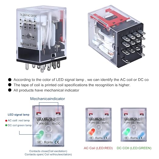 Electromagnetic Power Relay, 14-Pin 5 AMP 6V DC Relay Coil with Socket Base, LED Indicator, 4PDT 4NO 4NC - MY4NJ [Applicable for DIN Rail System]
