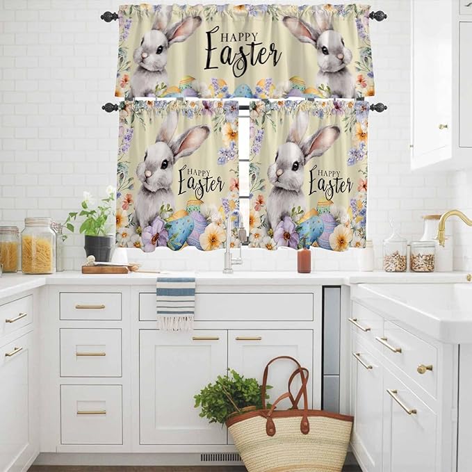 Happy Easter Kitchen Curtains Set 3 Piece for Windows,Rod Pocket Valance and Tier Set 36 Inch Length,Spring Grey Bunny Colorful Eggs Flower Brown Light Filtering Cafe Curtains for Living Room