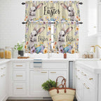 Happy Easter Kitchen Curtains Set 3 Piece for Windows,Rod Pocket Valance and Tier Set 36 Inch Length,Spring Grey Bunny Colorful Eggs Flower Brown Light Filtering Cafe Curtains for Living Room