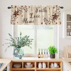 Kitchen Curtains Tiers and Valance Set of 3, Brown Farmhouse Light Filtering Window Curtain Set, Retro Country Stars Rustic Branches Berry Rod Pocket Curtain Drapes for Living Room, 36 Inches Tiers