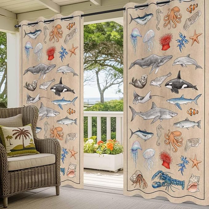 Vintage Outdoor Curtains for Patio Sharks Whales Lobsters Biographies Waterproof Outside Curtains with Grommet Top Weatherproof Curtain for Cabana Pergola Gazebo, 1 Panel, 54" W x 95" L