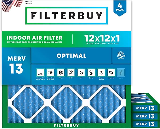 Filterbuy 12x12x1 Air Filter MERV 13 Optimal Smoke & Allergy Defense (4-Pack), Electrostatic Pleated HVAC AC Furnace Filters Replacement, Made in USA (Actual Size: 11.75 x 11.75 x 0.75)