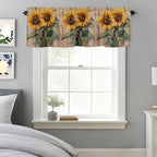 Kitchen Valances for Window, Watercolor Sunflower Retro Board Light Filtering Rod Pocket Valance Curtain, Farm Brown Wood Grain Short Curtains Window Topper for Bedroom Bathroom Living Room 54x18in