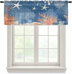 Ocean Corals Sheer Valance Curtains, Summer Beach Coral Sea Stars Dark Blue Light Filtering Kitchen Valances Rod Pocket Voile Curtain Window Treatment for Bedroom/Living Room/Basement 54Wx18L