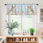 Kitchen Curtains Tiers and Valance Set of 3, Easter Light Filtering Window Curtain Set, Spring Rabbit Eggs Seasonal Flowers Blue Lattice Rod Pocket Curtain Drapes for Living Room, 24 Inches Tiers