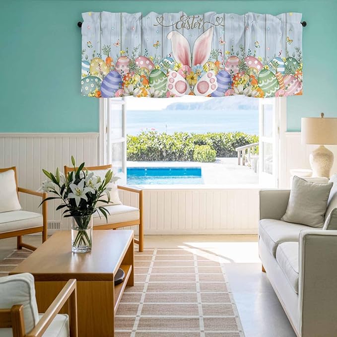 Easter Curtain Valances for Windows, Kitchen Valance Window Treatment, Spring Eggs Rabbit Ear Flowers Wooden Grain Light Filtering Block Curtains for Bathroom/Bedroom/Living Room 42'' x 18''