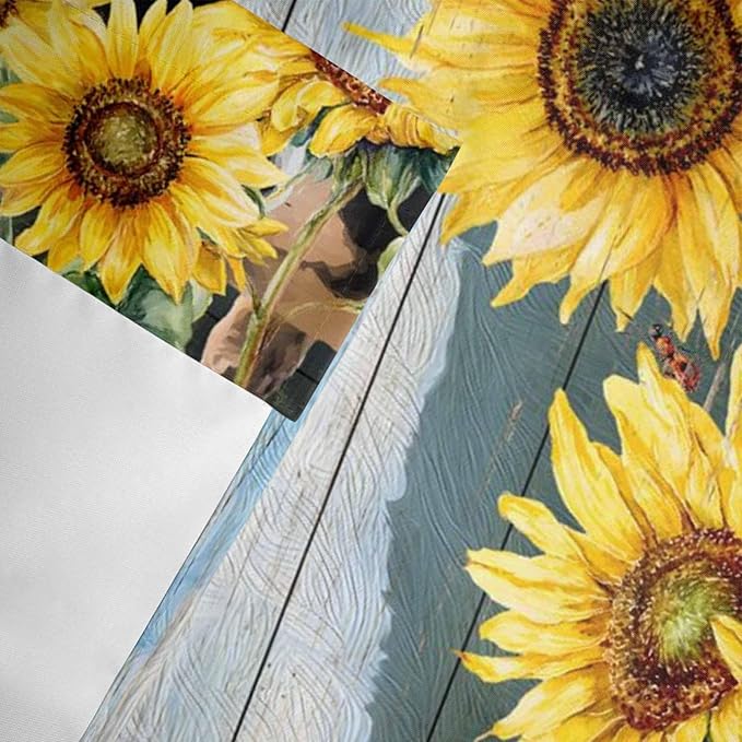 Cow Sunflowers Curtain Valances for Windows, Kitchen Valance Window Treatment, Farmhouse Animal Blue Sky Wooden Grain Light Filtering Block Curtains for Bathroom/Bedroom/Living Room 54'' x 18''