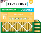 Filterbuy 20x20x2 Air Filter MERV 11 Superior Pet & Allergy Defense (4-Pack), Electrostatic Pleated HVAC AC Furnace Filters Replacement, Made in USA (Actual Size: 19.50 x 19.50 x 1.75)