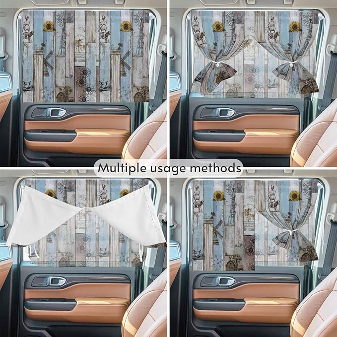 Blue Grey Wooden Magnetic Double Layer Car Window Shades,Side Window Curtains for Blackout/Breathable Mesh View,Farmhouse Barn Sunflowers Retro Privacy Sun Shades for Heat/UV Protection 26x20in 2pcs